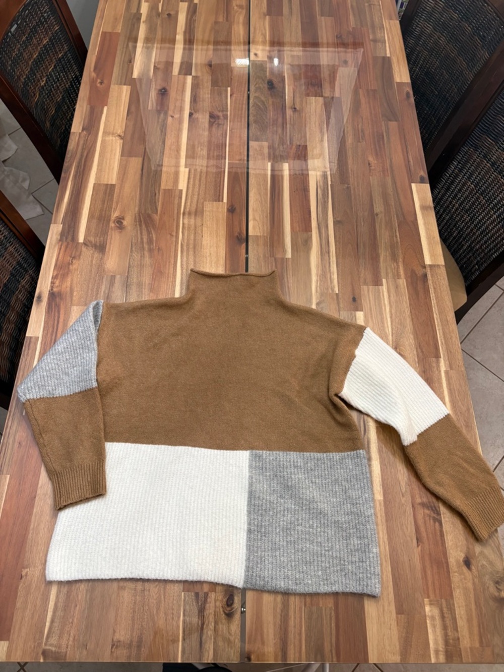 Sz M Colorblock Mock Neck Pullover Ribbed Sweater Brown Cream & Gray Warm